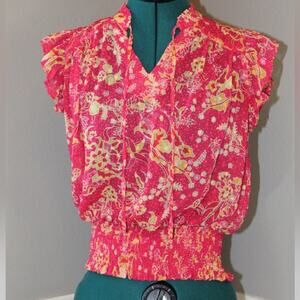 Floral Smocked Waist Boho Rachel Roy Blouse Pink/Yellow Ruffle Sleeve Size Small